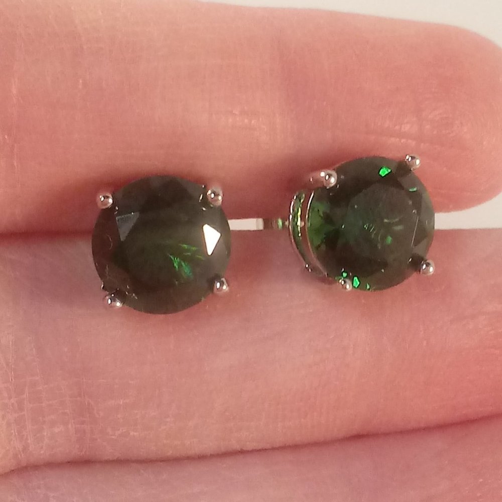 18K White Gold Filled Emerald Green Diamond Zircon Stud Earrings 9mm 2.75ctw ea.
